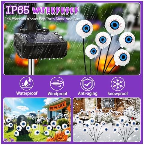 Kohlrabi Halloween Decorations Outdoor, 4 Pack 24 LED Solar Purple Scary Eyeball Swaying Lights, Solar Firefly Light Waterproof Outdoor Garden Lights for Halloween Yard Party - Image 4