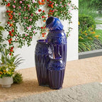 Glitzhome 35.5" H Ceramic Outdoor Water Fountain with LED Lights, Oversized 4-Tier Pots Outdoor Fountain, Cobalt Blue Glaze, Embossed Pattern, Decorative Cascading Waterfall for Garden, Patio by Glitzhome
