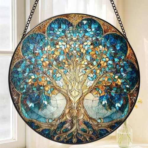 Celtic Tree of Life Suncatcher,Wildlife Tree of Life Stained Glass Window Hanging,8 Inch Indoor Outdoor Garden Sun Catchers,Suncatchers for Windows Hanging,Christmas Memorial Gift for Mom Grandma Wife by Tufeu