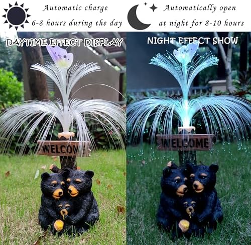 Solar Bear Garden Statues,Resin Black Bear Family Figurine with Welcome Card and 7-Color Changing Optical Fiber with Solar Lights, Lawn Decor Outdoor Statue for Patio,Balcony,Yard,Lawn - Image 3