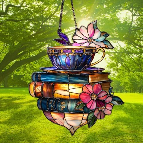 Tea Cup Flowers and Books Acrylic Suncatcher - Image 3
