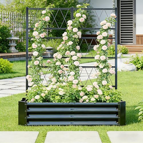 Galvanized Raised Garden Bed with Trellis for Outdoor Climbing Plants Black - Image 6