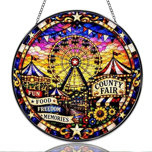 9.84 Inch Stained Glass Window Hanging Ferris Wheel County Fair Carnival Scene Sun Catchers Vibrant Amusement Park Festival Suncatchers for Home Porch Garden Indoor & Outdoor Decor by Unknown