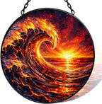 Stained Glass Window Hanging - 11.8" Fiery Ocean Wave and Sunset Suncatcher Glass Panel, Home Decorative Hanging Ornament for Kitchen or Garden, Ideal Gift for Mother, Wife or Women by Vexila