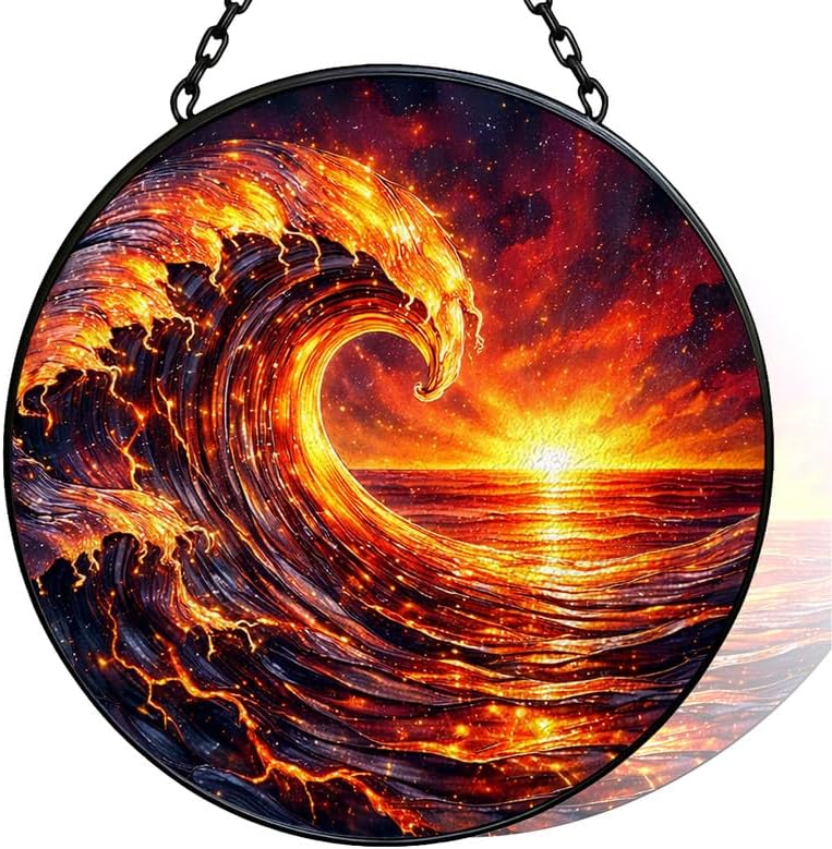 Stained Glass Window Hanging - 11.8" Fiery Ocean Wave and Sunset Suncatcher Glass Panel, Home Decorative Hanging Ornament for Kitchen or Garden, Ideal Gift for Mother, Wife or Women by Vexila