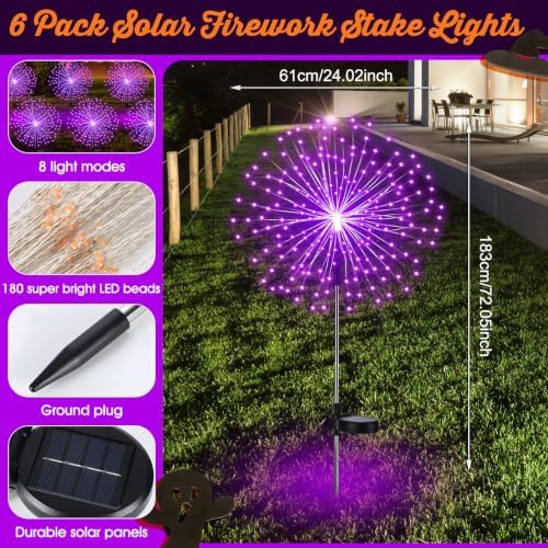 Tujoe 6 Pcs Halloween Solar Firework Stake Lights 180 LED 8 Modes - Image 2