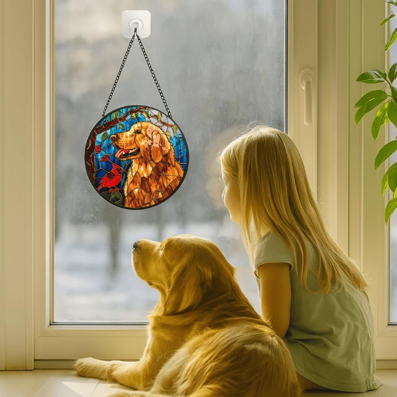 Stained Glass Window Hanging - Golden Retriever & Cardinal Bird 11.8in Sun Catchers Indoor Stained Glass Panels Wall Decor for Mom, Wife, Lovers, Festive - Image 3