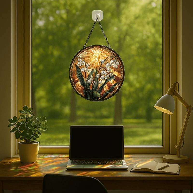 Stained Glass Window Hanging Lily of The Valley with Sunburst 11.8in Floral Sun Catcher, Vintage Rustic Home Decor - Image 5