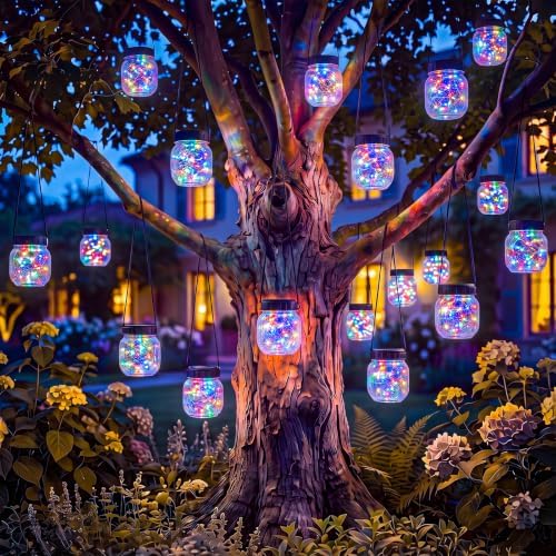 kolpop 18 Pack Solar Lantern Outdoor Lights, Multi-Coloured Solars Lanterns with 28 LED, Crackle Glass Ball Waterproof Hanging Solar Lights for Garden Decor Patio Fence Yard Christmas Tree Decoration by kolpop
