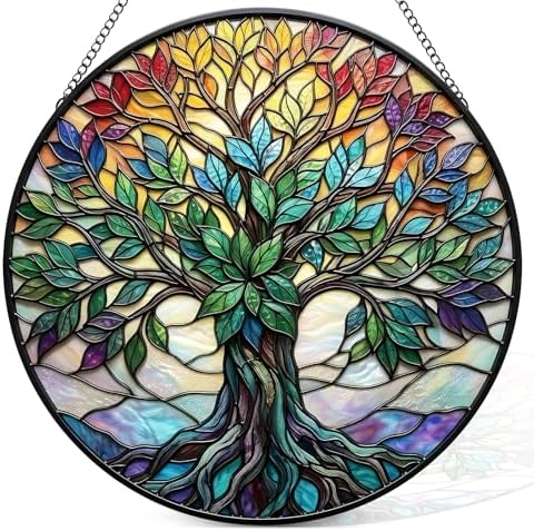 Statement Deluxe Bundle | Stained Glass Window Hanging, Tree of Life 3D Embossed Diamond Glass Suncatcher, 7-Piece Spiritual Gift Set with Crystal Pendant & Invisible Hooks by Unknown