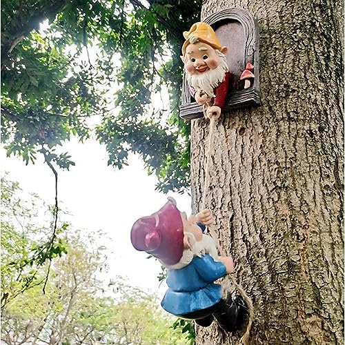 Resin Elves Statue,Dwarf Climbing Garden Sculpture,Gnome Tree Hugger Decor - Image 2