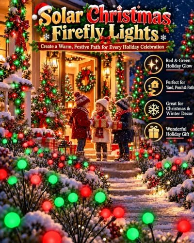 OZS 6Pack Total 48LED Solar Garden Lights Christmas Fairy Outdoor - Solar Firefly Lights Fairy Outdoor, Sway by Wind, Waterproof for Pathway Patio Yard Christmas Decorations(Red&Green) - Image 3