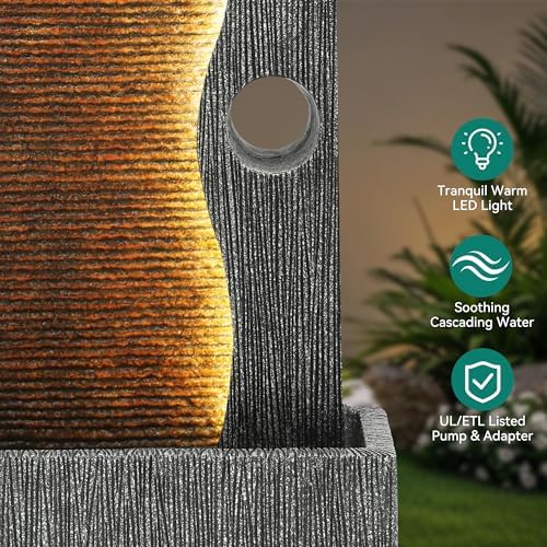 AUTODAYA 39" Zen Faux Slate Outdoor Fountain LED Cascading Waterfall - Image 5