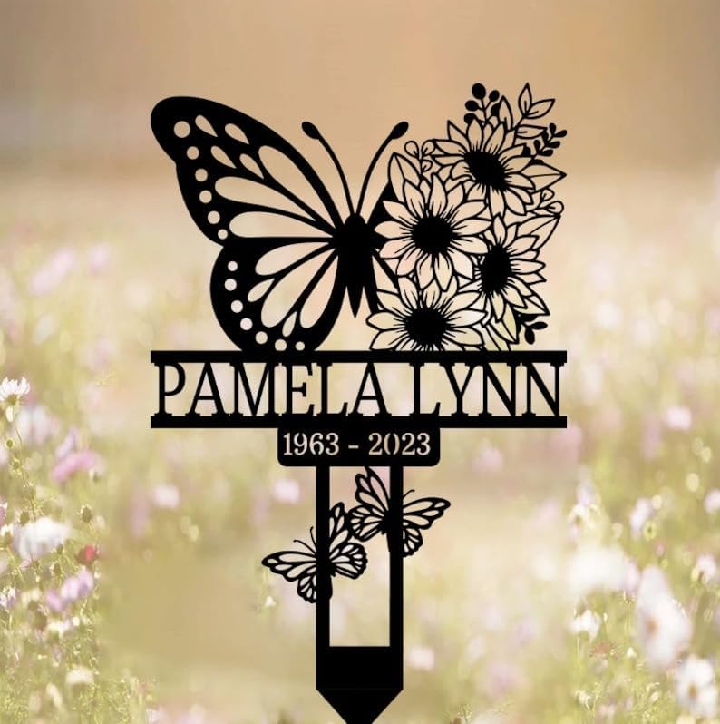 DINOMAN Personalized Memorial Plaques for Outdoors Butterfly Sunflower Mom Grave Marker Metal Garden Stakes Mom Memorial Gifts Sympathy Gifts for Loss of Loved One (Butterfly Sunflower) by DINOMAN