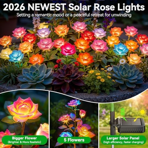 KOOPER 6 Pack Solar Lights Outdoor Garden Decor, 7 Color Changing Solar Flowers Outdoor Waterproof with 30 Bigger & Realistic Rose, Enlarged Size Panel for Patio Yard Garden Cemetery Decoration, Gifts - Image 3