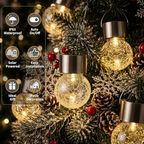 Hanging Solar Lights Outdoor Garden, 12 Pack Cracked Glass Hanging Ball Lights with Handle, IP65 Waterproof Outdoor Lanterns Decorative Globe Lights for Garden Yard Tree Balcony Patio Gazebo - Image 5
