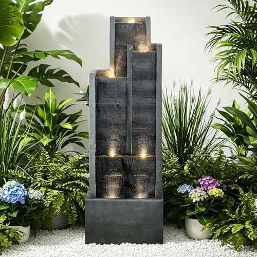 Naturefalls 50.7-Inch Tall Outdoor Water Fountain with LED Lights and Pump, Modern Resin Floor Standing Cascading Waterfall Fountain for Garden Patio Backyard by Naturefalls