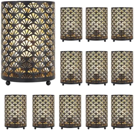 TRIROCKS Set of 12 Table Lamp 6.5'' Tall Metal Cordless Table Lamp Bronze Lanterns with Warm Fairy Lights Bulb for Patio Garden Wedding Parties Indoor Outdoor(Scalloped Hollow Pattern) by TRIROCKS