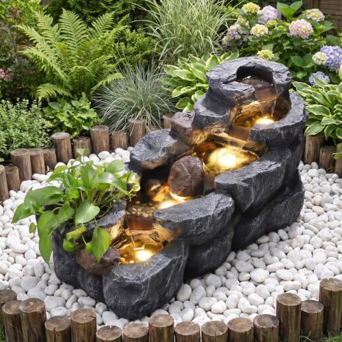 37.4" L Water Fountain Outdoor, 5-Tier Cascading Rock Waterfall, Gray by MAIBH-MAIntainBrilliantHouse