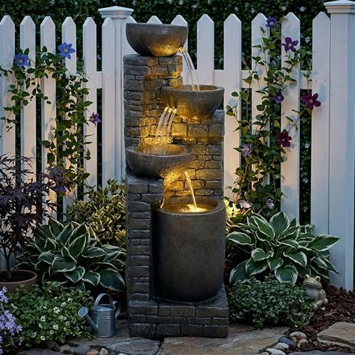 Hamiedun 38.2 ''H Water Fountain Outdoor Cascading Bowls and Stacked Stones with Led Lights Waterfalls Fountain for Outside Gardens, Landscaping, Balconies, Floor Patio,Backyard and Home Art Decor by Hamiedun