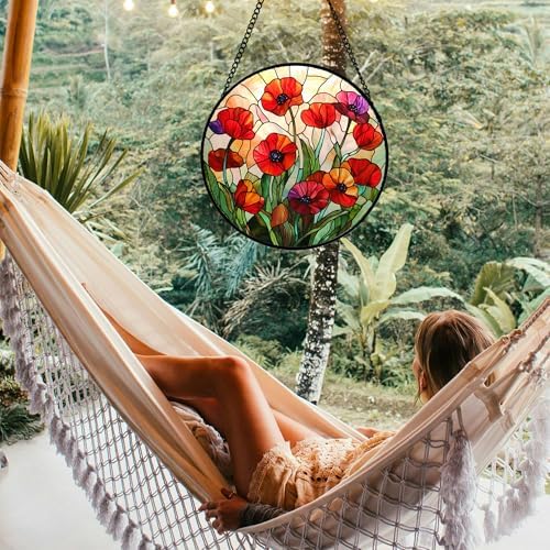 Red Poppy Flower Stained Glass Window Hanging Suncatcher Gifts for Mom 15" - Image 4