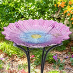 MUMTOP Outdoor Glass Bird Bath with Metal Stand for Yard Garden Decor, Pink - Image 3