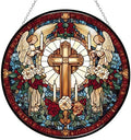 9.84 Inch Cross Light Candles Angels and Flowers Stained Glass Window Hanging Stained Glass Suncatcher for Women Window Decor Perfect Home Décor by Unknown