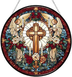 9.84 Inch Cross Light Candles Angels and Flowers Stained Glass Window Hanging Stained Glass Suncatcher for Women Window Decor Perfect Home Décor by Unknown