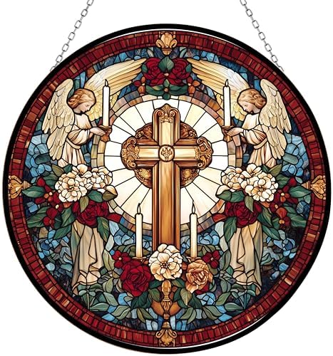 9.84 Inch Cross Light Candles Angels and Flowers Stained Glass Window Hanging Stained Glass Suncatcher for Women Window Decor Perfect Home Décor by Unknown