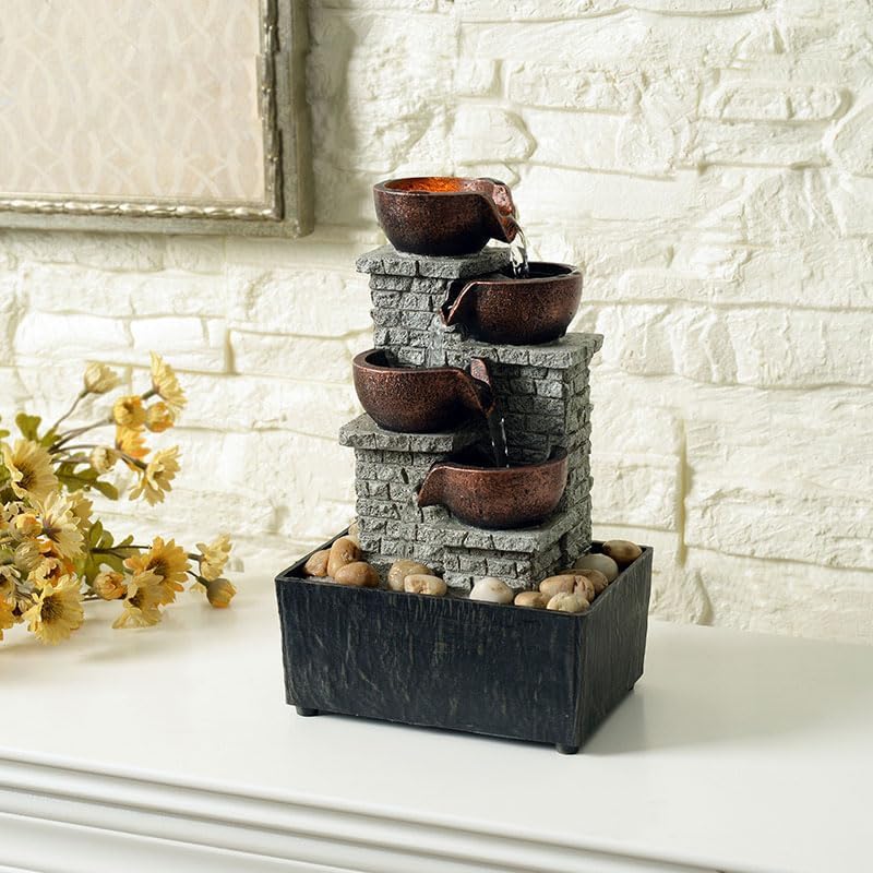 Kalona 4-Tier Indoor Waterfall Tabletop Fountain with LED Lights and Natural Rocks, Cascading Bowl Desk Fountain for Home and Office Decoration, Relaxing Water Feature (21132B) by Kalona