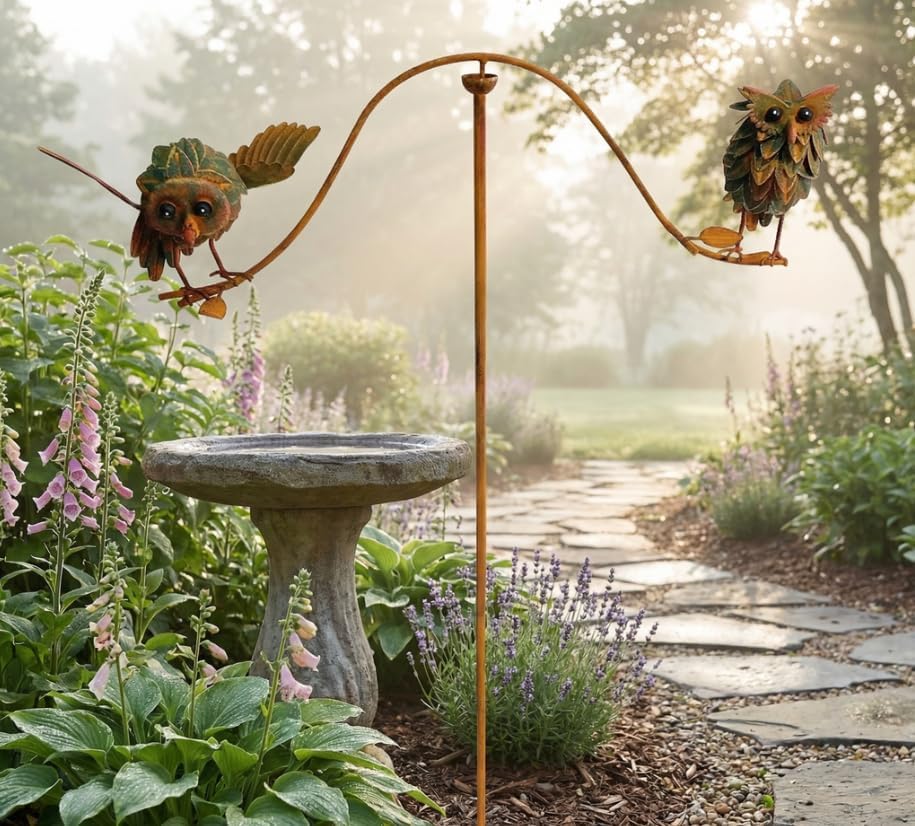Rustic Metal Double Owl Balancer Kinetic Spinning Outdoor Garden Stake, Wind Sculpture Yard Art Center Piece by Continental+Art+Center