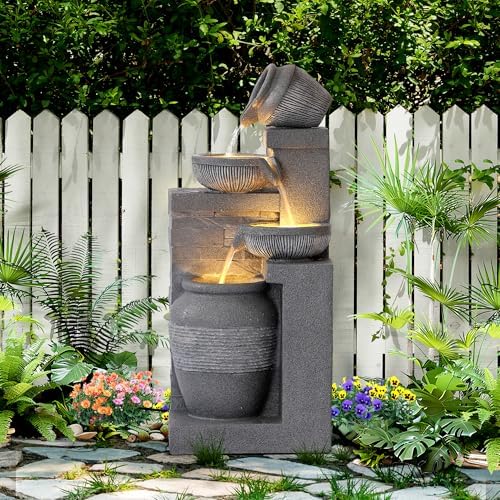 Water Fountain Outdoor, Modern Water Feature with LED Lights, 4-Tier Cascading Resin Waterfall Fountain, 32" Large Garden Fountains for Yard, Deck, Patio, Porch by GIODIR