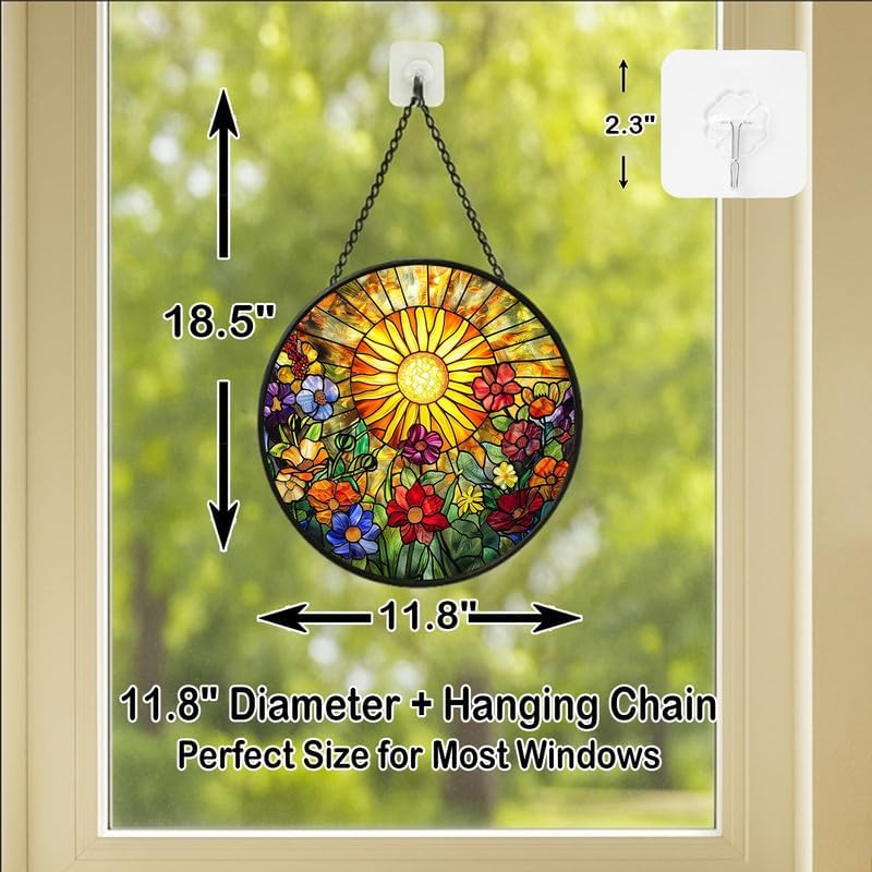 Stained Glass Window Hanging - Radiant Crystal Floral Sunburst 11.8in Sun Catchers Indoor Stained Glass Panels Wall Decor for Mom,Wife,Lovers,Festive - Image 4