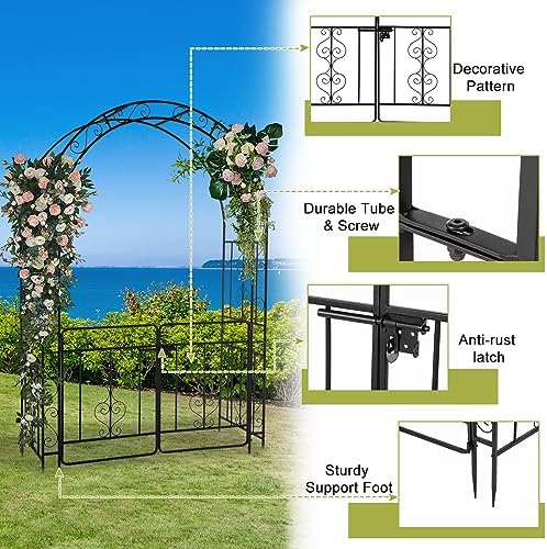 Garden Arbor with Gate, 7FT Wedding Arches for Ceremony, Metal Garden Arch for Climbing Plants Outdoor, Black Garden Archway for Lawn, Patio and Backyard, Includes Ground Stakes - Image 5