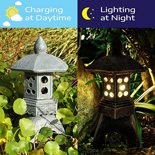 Pagoda Lantern Garden Statue with Solar Lotus Lights, Large Resin Japanese Temple Pagoda Lamp Asian Zen Outdoor Yard Decor for Landscape Patio Porch Lawn Decorations, Christmas Ornament Gift - Image 3