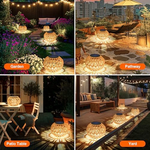 4 Pack Outdoor Solar Lanterns, Waterproof Rattan Solar Powered Lamp Decorative, Solar Garden Lights Birthday Gifts for Women, Outside Solar Lights for Yard, Pathway, Patio,Porch, Lawn Decor - Image 5