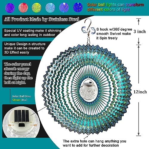 FONMY Solar Wind Spinner Mandala Starry Sky 3D Stainless Steel Hanging Wind Spinners Gift Christmas Decoration Indoor/Outdoor Garden Décor Kinetic Yard Art 12 Inches Multi Peacock Blue Wind Sculpture - Image 3