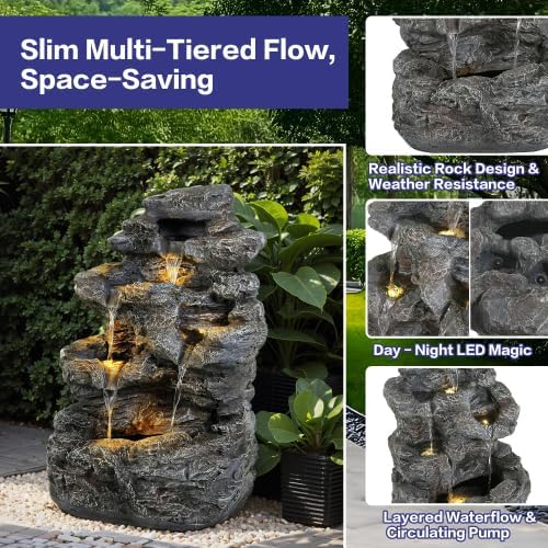 Water Fountain Outdoor, Outdoor 5-Tiered Rock Garden Fountains Waterfalls, All-Weather Resistant Water Fountain with Light, Garden Decor for Lawn, Backyard, Gray - Image 5