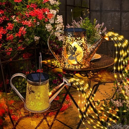 2 pack Solar Watering can with Lights,Fairy Pattern +Hummingbird Pattern by YJFWAL