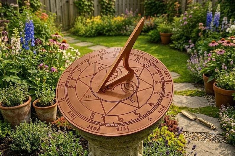 Handcrafted Copper Garden Sundial, Engraved Compass Metal Outdoor Decor (8 Inch) - Image 2