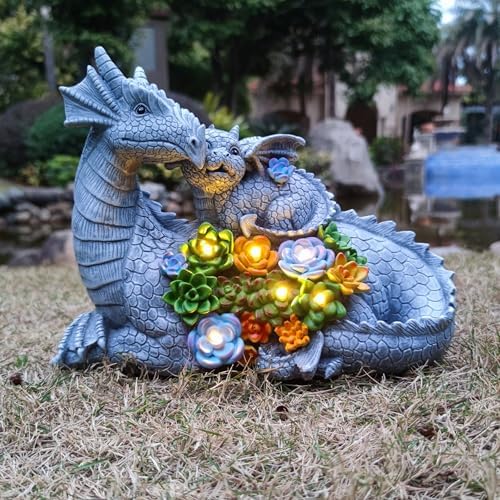 Solar Dragon Statue with LED Lights, Dargon Lover Gifts with Succulent and 6 LED Lights for Outdoor,Solar Dragon Decor for Yard, Garden and Patio, Unique Garden Statue for Mom Grandma - Image 2