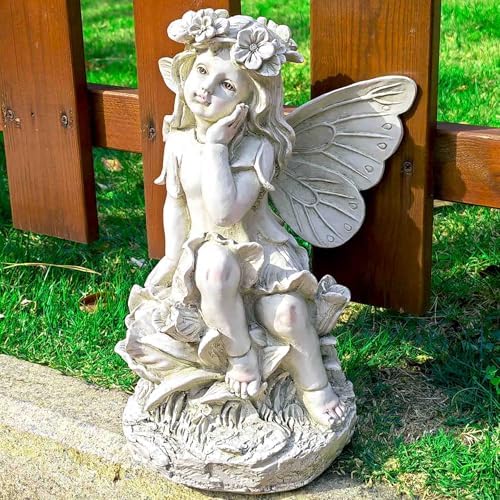 Fairy Garden Statue, Sitting Resin Fairy Figurine, 12.8 Inch - Image 4