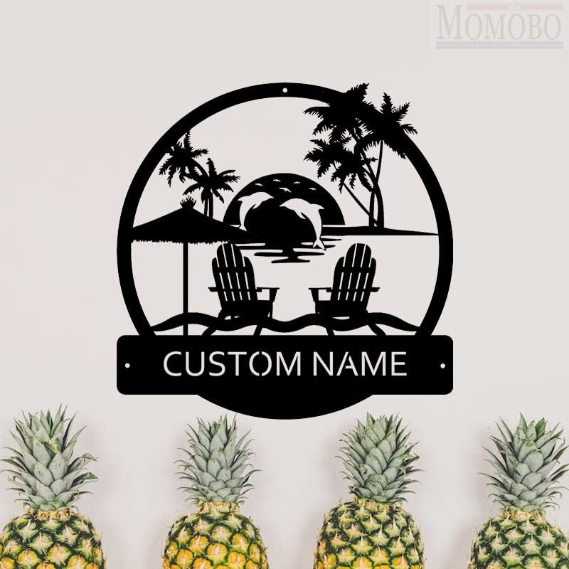 Dolphins Sea Sunset Beach Custom Name Sign Metal Wall Art Personalized Last Name Plaque Outdoor Metal Wall Art Personalized Gift for Wedding/Housewarming by MOMOBO