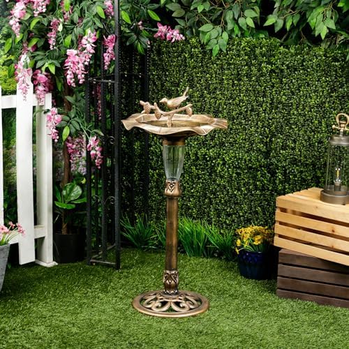 Alpine Corporation TEC316SLR Solar Birdbath with Birds and LED Light, LED Decor for Patio, Lawn & Garden, 41" H, Gold - Image 2