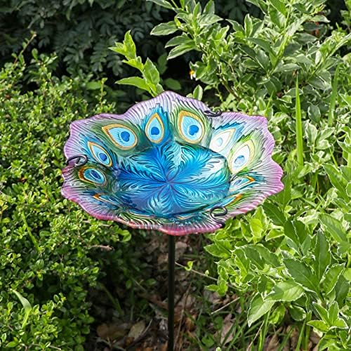 MUMTOP Glass Bird Bath, Peacock Outdoor Birdbaths with Metal Stake Green - Image 3