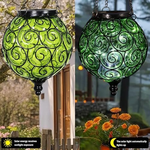 Solar Hanging Lantern Outdoor Garden Lights, Round Glass and Metal Hanging Lantern, 15 Firefly LED Lights, 7 x 20 Inch (Green) - Image 5