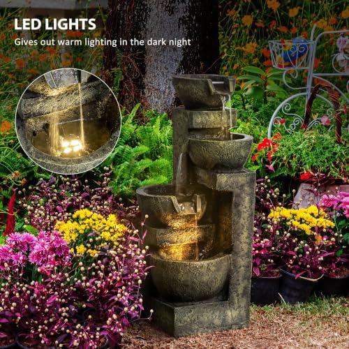 Outsunny Outdoor Fountain 4-Tier Stone Look Bowls Cascading Waterfall Gray - Image 5