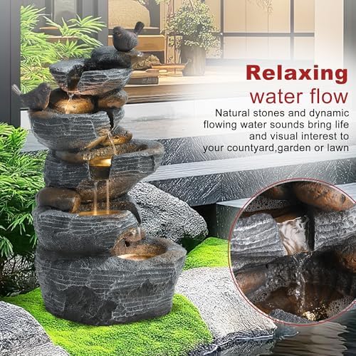 Outdoor Garden Water Fountain, 5 Tiers Cascading Rock Water Fountain, 26.4" H Waterfalls Resin Fountain with 4 LED Lights and Dicky Bird, Natural Modern Art Decor for Indoor and Patio Porch - Image 2