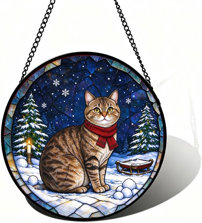 Stained Glass Window Hanging Manx Cat Suncatcher Gifts for Wife 9.8" by Unknown