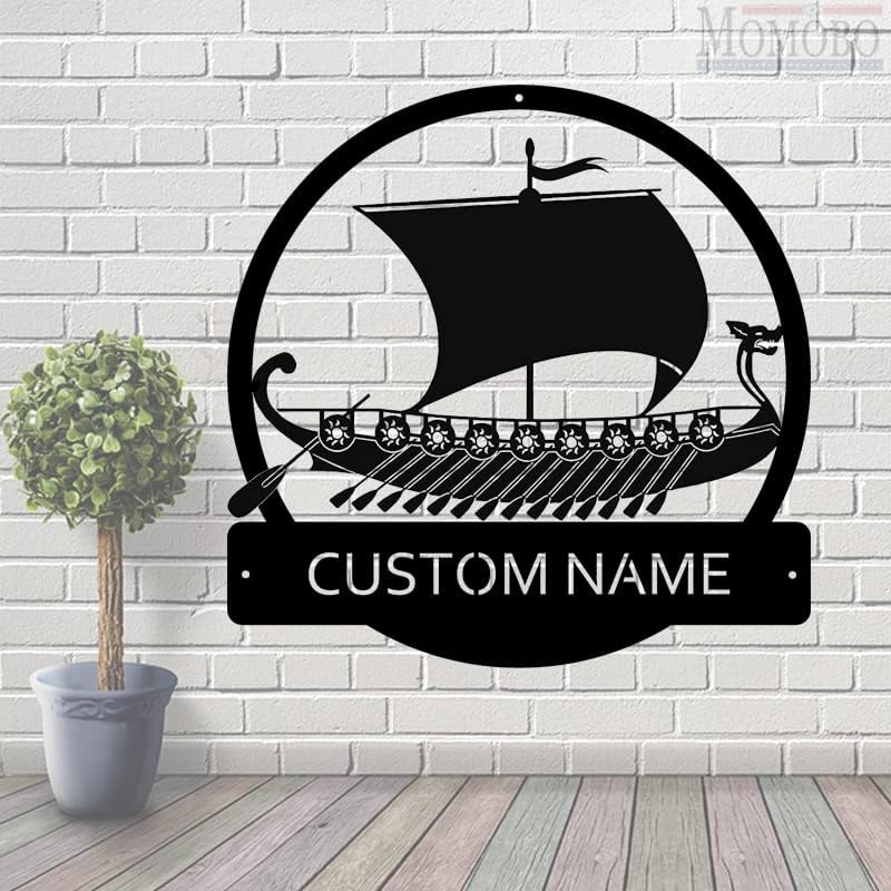 Viking Ship Custom Name Sign Metal Wall Art Personalized Last Name Plaque Outdoor Metal Wall Art Personalized Gift for Wedding/Housewarming by MOMOBO